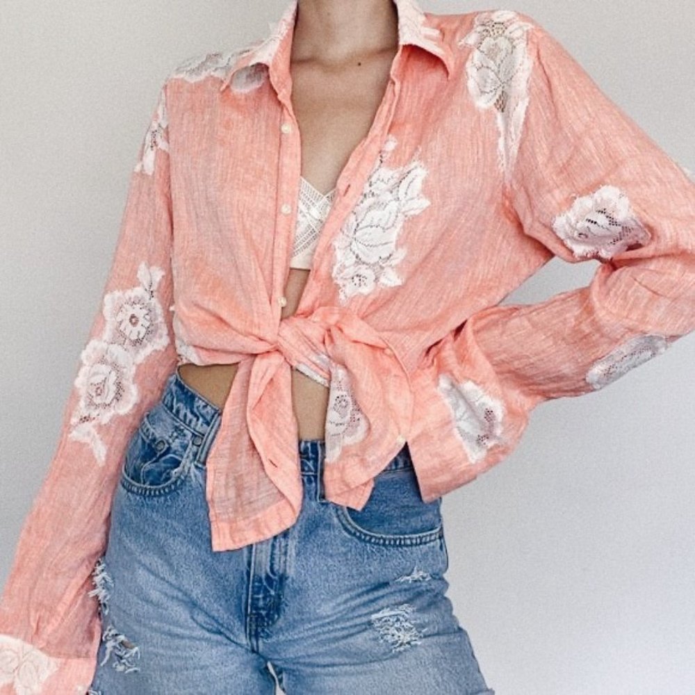 Vintage Orange Linen Floral Lace Button Down Blouse - Picture 3 of 11